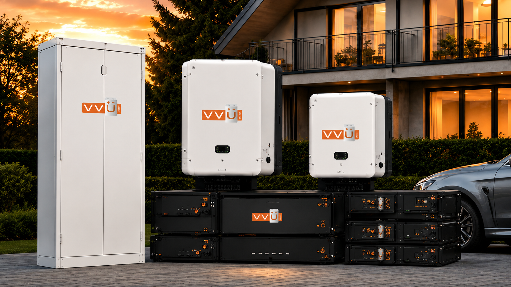 Moderne woning met zonnepanelen, batterijopslag en EV-lader